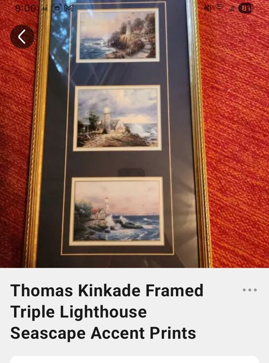 Thomas Kinkade Other - Framed Triple Lighthouse Seascape Accent Prints in Black and Gold